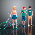 Three Cartoon Characters Including Blonde Female and Two Males with Blue Bicycle in Gray Background