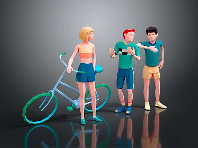 Three Cartoon Characters Including Blonde Female and Two Males with Blue Bicycle in Gray Background 3d model
