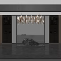 Luxurious Modern Store Front Desk Interior With Elegant Chandelier Unique Backdrop Wall And Storage Cabinets