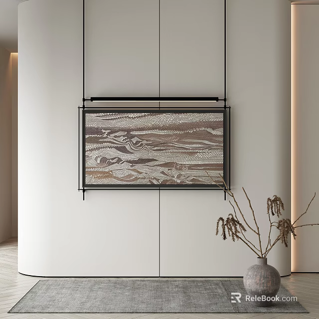 Modern Entryway Console Cabinet With Framed Artwork And Dried Branch Vase Decor 3d model