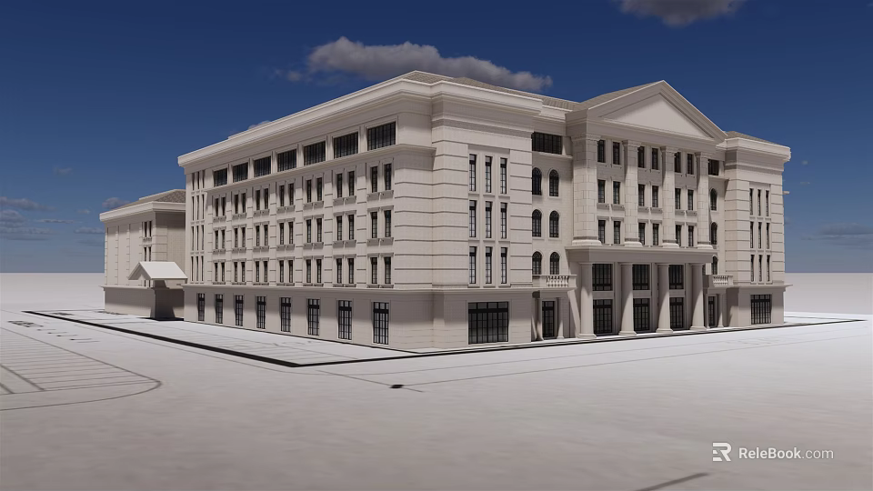 Modern Classical Office Building With Light Beige Facade And Spacious Front Plaza 3d model 