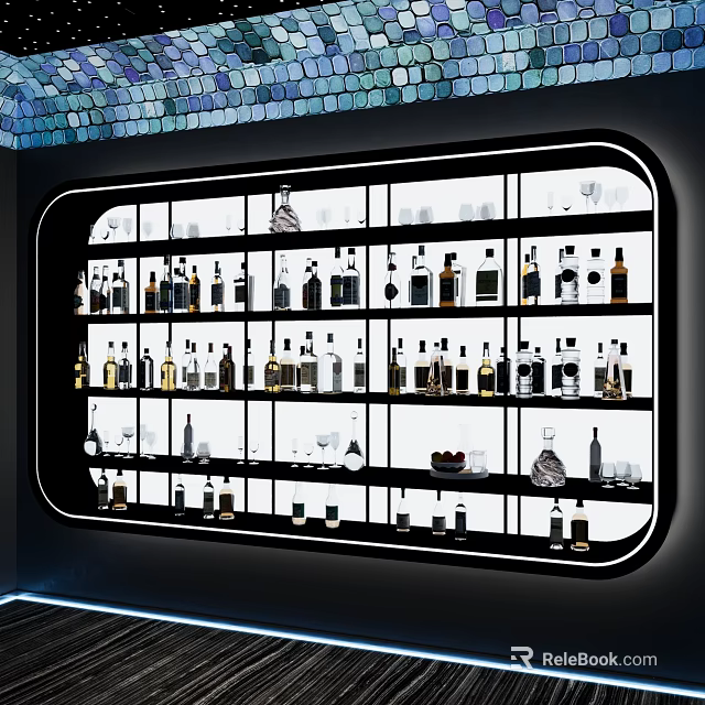 Modern Illuminated Wine Cabinet With Multiple Shelves Filled With Wine Bottles And Glasses 3d model 