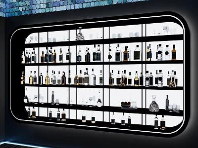 Modern Illuminated Wine Cabinet With Multiple Shelves Filled With Wine Bottles And Glasses 3d model