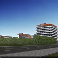Modern Building Entrance Gate With White Exterior Green Surroundings Road Red Top Logo