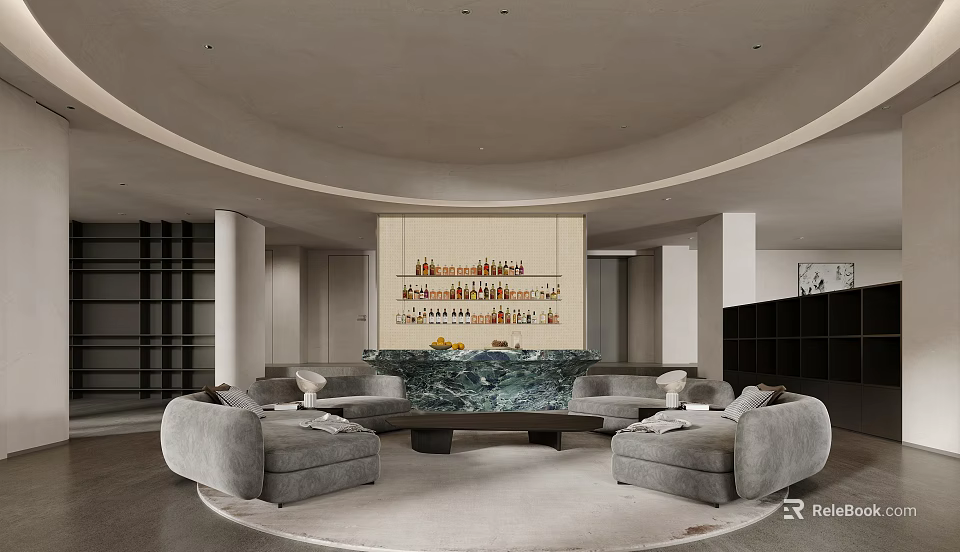 Luxury Living Room With Curved Sofas And Marble Bar 3d model 