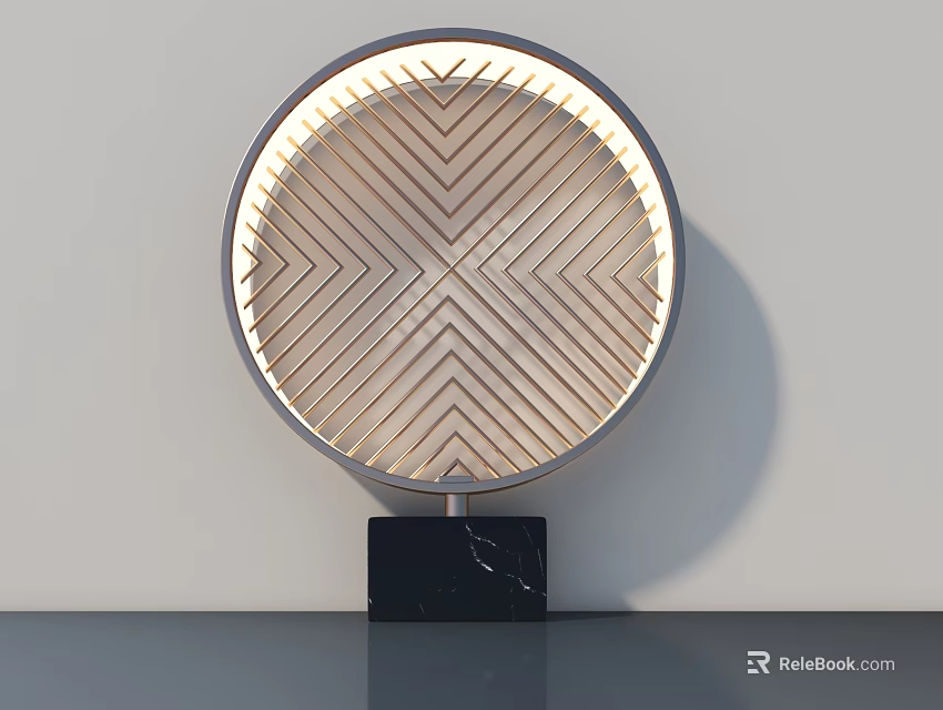 Circular Wooden Sculpture With Geometric Chevron Pattern Metal Frame And Black Marble Base 3d model 