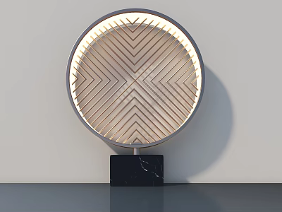 Circular Wooden Sculpture With Geometric Chevron Pattern Metal Frame And Black Marble Base 3d model