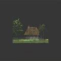 Charming Cartoon Scene With Thatched Roof Cottage Green Grass And Trees