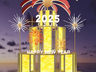 2025 Happy New Year Art Installation With Golden Illuminated Structure And Fireworks 3d model