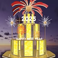 2025 Happy New Year Art Installation With Golden Illuminated Structure And Fireworks