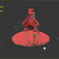 Red Cartoon Dinosaur Standing On Green Grass With Small Yellow Flowers And Falling Petals