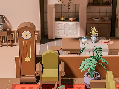 Cartoon Living Room And Kitchen Scene With Tall Clock Green Armchair Potted Plant 3d model