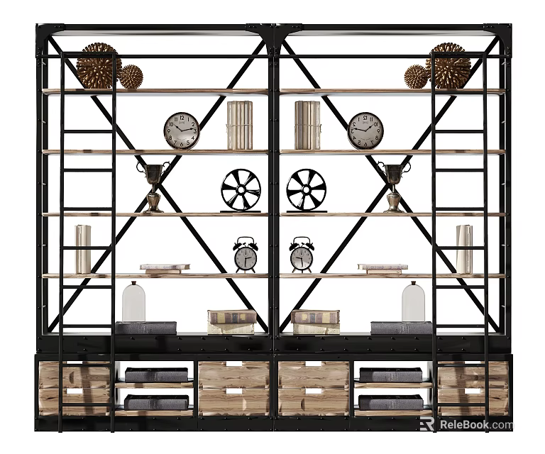 Industrial Shelving Unit With Black Metal Frame Wooden Shelves Drawers And Decorative Clocks Fans 3d model 