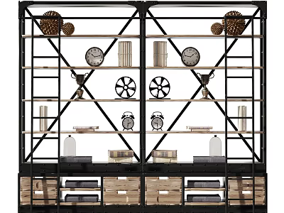 Industrial Shelving Unit With Black Metal Frame Wooden Shelves Drawers And Decorative Clocks Fans 3d model