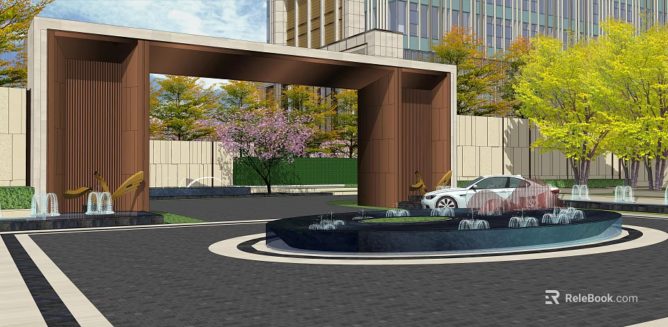Modern Garden Landscape Design With Entry Archway Fountain And Green Trees 3d model 