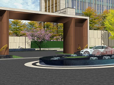 Modern Garden Landscape Design With Entry Archway Fountain And Green Trees 3d model