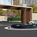 Modern Garden Landscape Design With Entry Archway Fountain And Green Trees