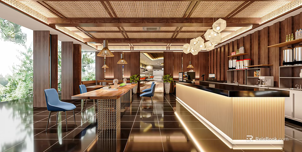 Modern Rustic Café Interior Design With Rattan Ceiling Wooden Bar Pendant Lights And Green Plants 3d model 
