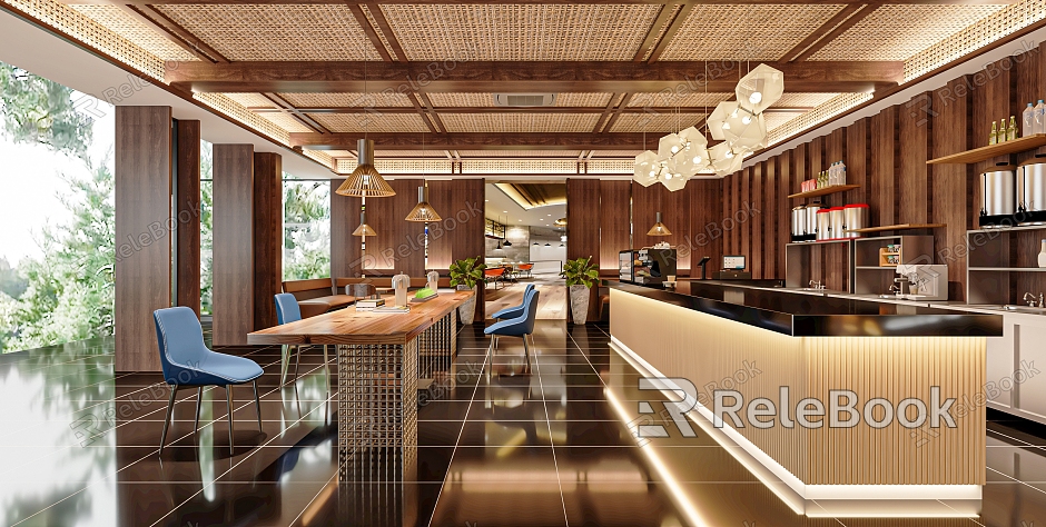 Modern coffee shop milk tea shop dessert shop bar cashier console leisure tables and chairs back kitchen equipment model