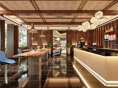 Modern Rustic Café Interior Design With Rattan Ceiling Wooden Bar Pendant Lights And Green Plants 3d model