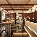Modern Rustic Café Interior Design With Rattan Ceiling Wooden Bar Pendant Lights And Green Plants