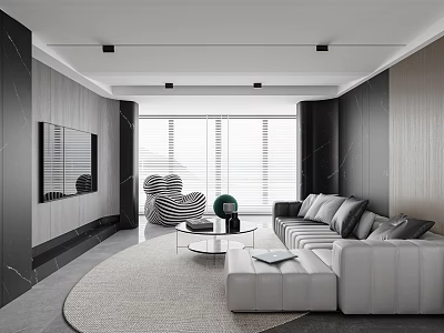 Modern Living and Dining Room Interior With White Sofa Round Rug and Marble TV Wall 3d model