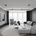 Modern Living and Dining Room Interior With White Sofa Round Rug and Marble TV Wall