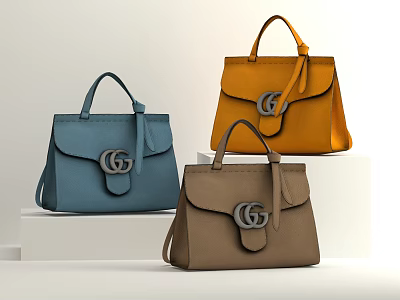 Three Stylish Handbags in Blue Orange and Brown with Top Handles and Metal Clasp Details 3d model