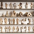 Wood Carvings Sculptures Collection Display On Shelves With Various Artistic Shapes