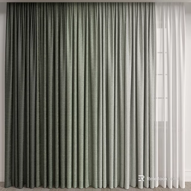 Modern Green Curtains With Soft Textured Fabric And White Sheer Window Panels 3d model 