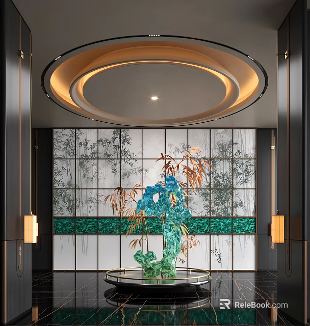 Hotel Lobby Modern Design With Bamboo Patterned Backdrop Circular Ceiling Light And Green Sculpture 3d model
