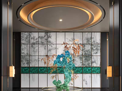 Hotel Lobby Modern Design With Bamboo Patterned Backdrop Circular Ceiling Light And Green Sculpture 3d model