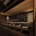 Cozy Restaurant Interior With Wooden Ceiling Dark Walls Circular Decor And Shelves With Bottles