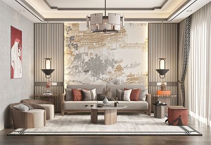 New Chinese Style Living Room Sofa Coffee Table Combination Chandelier 3d model