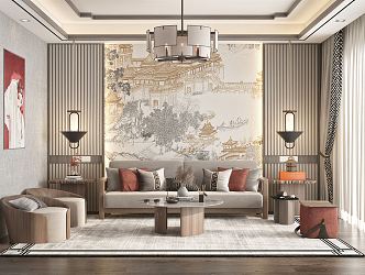 New Chinese Style Living Room Sofa Coffee Table Combination Chandelier 3d model