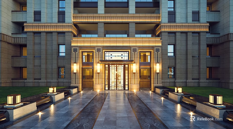 Elegant Residential Building Exterior With Stone Facade Grand Entrance Lighting Stone Pathway And Lawn 3d model 