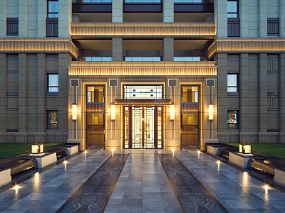 Elegant Residential Building Exterior With Stone Facade Grand Entrance Lighting Stone Pathway And Lawn 3d model