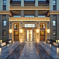 Elegant Residential Building Exterior With Stone Facade Grand Entrance Lighting Stone Pathway And Lawn