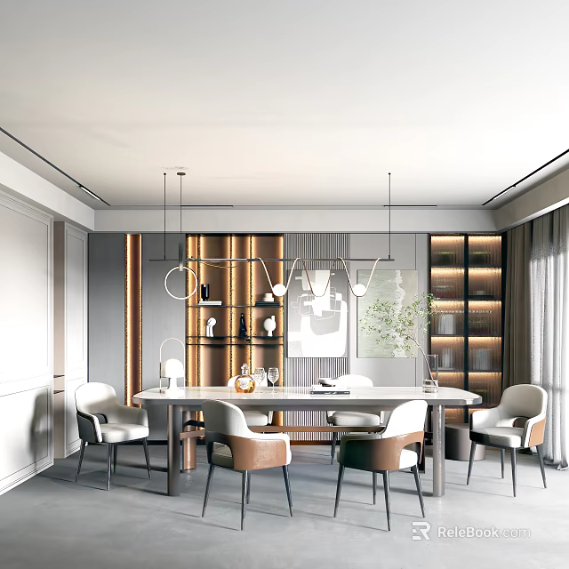 Elegant Modern Restaurant Interior Design With Dining Table Chairs Pendant Lights Display Shelves And Green Plants 3d model 