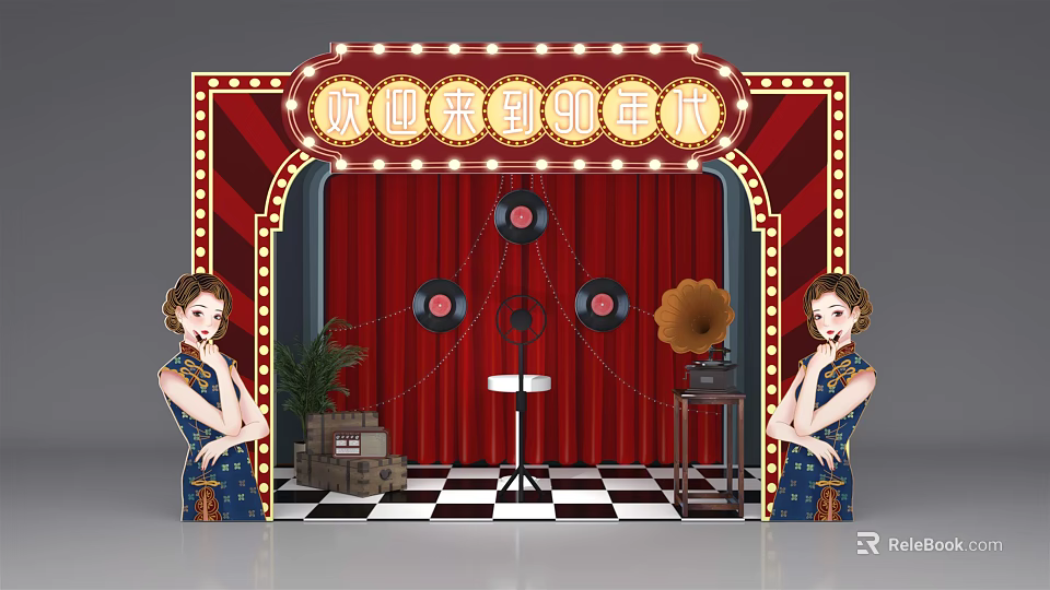 Vintage Beiping Era Scene With Neon Sign Red Curtain Gramophone And Qipao Women 3d model 