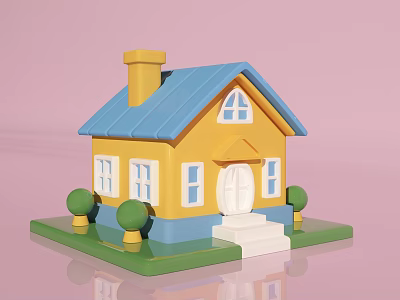 Cute Yellow House With Blue Roof Yellow Chimney Green Trees And White Door 3d model