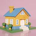 Cute Yellow House With Blue Roof Yellow Chimney Green Trees And White Door