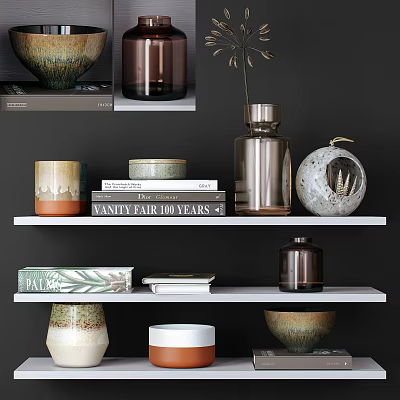 Ceramic Vessels Displayed on Shelves with Decorative Books and Items 3d model