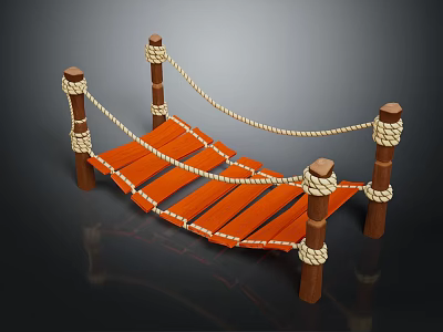 Wooden Rope Bridge With Decorative Posts And Plank Structure 3d model
