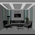 Modern Lounge Area Interior with Atlantis Sign Grey Sofa Armchairs Coffee Table TV and Plant