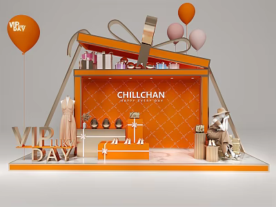 CHILLCHAN VIP Day Orange Display Booth With Balloons Gift Boxes Cosmetics And Mannequin 3d model
