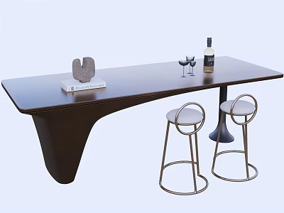 Bar Counter With Dark Sleek Surface Two Metallic Bar Stools Wine Bottle And Wine Glasses 3d model