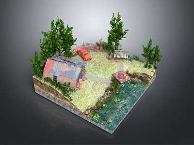 Cartoon Scene With Cozy Cottage Red Car Green Trees Path And Pond 3d model