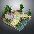 Cartoon Scene With Cozy Cottage Red Car Green Trees Path And Pond