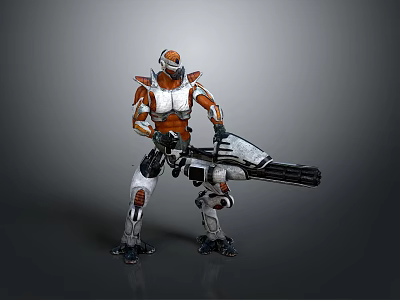 Futuristic Large Weapon Held by Armored Character in Orange White Armor 3d model
